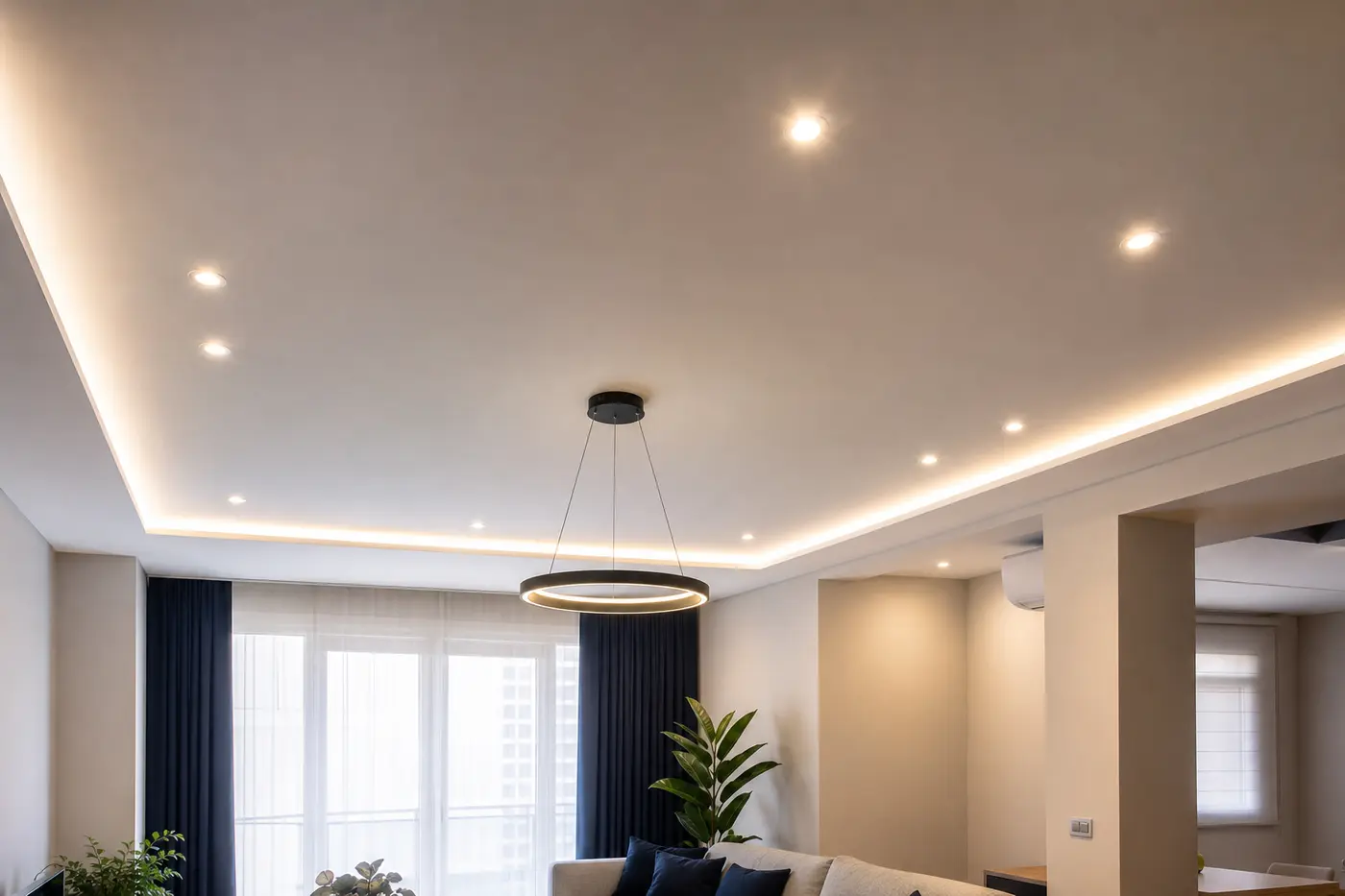 Spot ve LED ile aydınlatılmış modern iç mekân