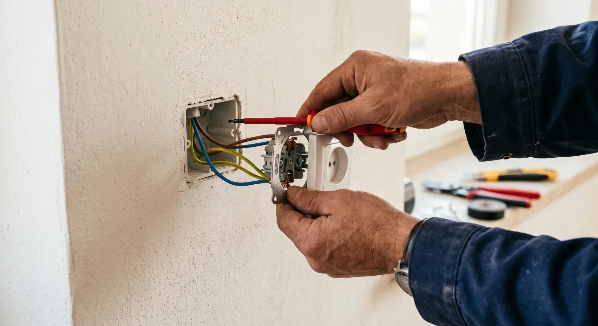 Duvara priz ve anahtar montajı yapan elektrikçi
